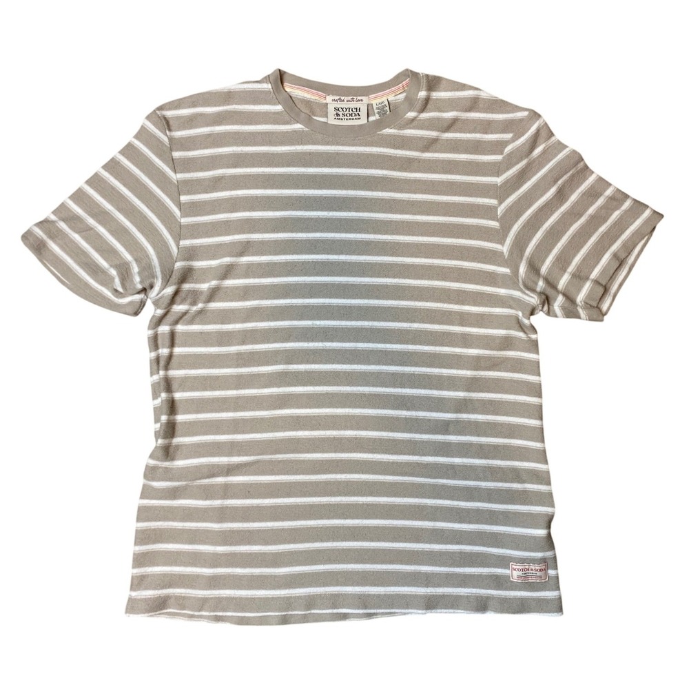 Scotch & Soda Mens Striped Terry Cloth T-Shirt Beige White Crew Neck Large